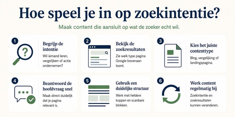 Illustratie toont hoe zoekintentie de achterliggende behoefte van een zoekopdracht bepaalt voor SEO optimalisatie.