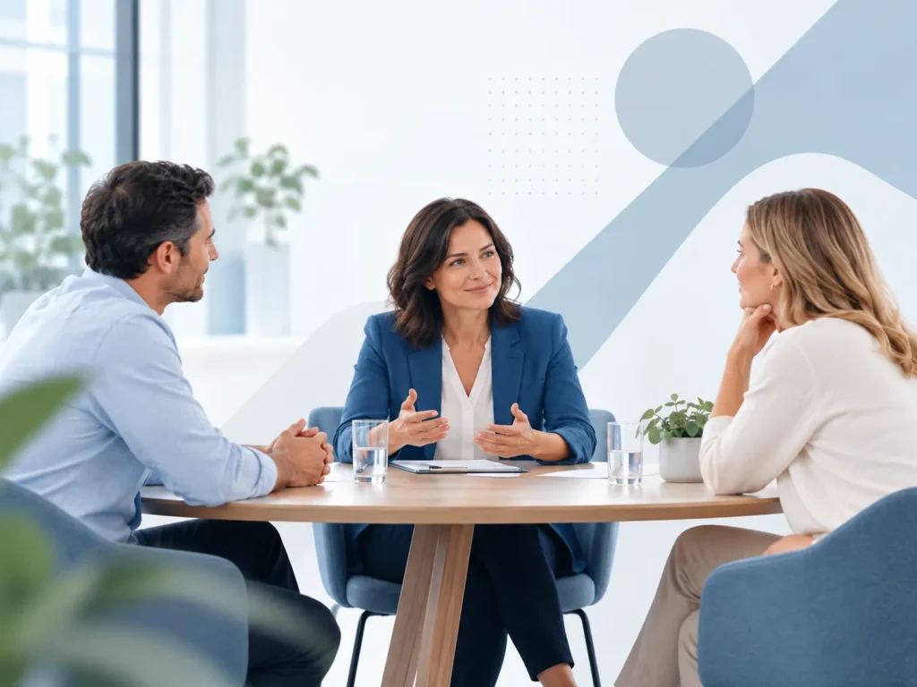 Mediator begeleidt twee personen tijdens een rustig en constructief mediationgesprek.