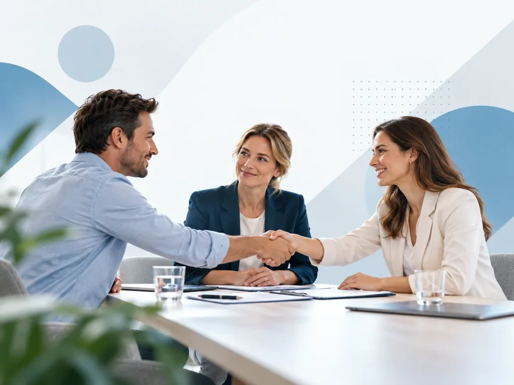 Twee personen bereiken overeenstemming tijdens een gesprek onder begeleiding van een mediator.