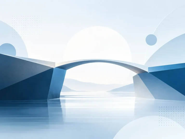 Abstracte brug in blauwe tinten als symbool voor verbinding, balans en conflictoplossing.
