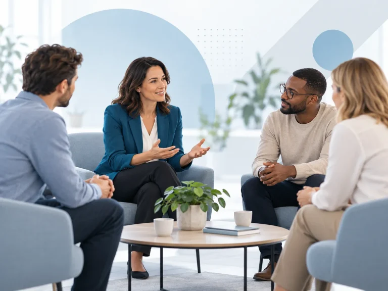 Diverse groep bespreekt gezamenlijk een situatie tijdens een professioneel begeleid mediationgesprek.