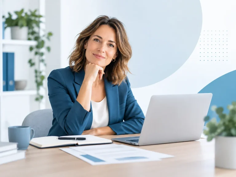Professionele medewerker zit aan een bureau met laptop en geeft heldere informatie voor de FAQ-pagina van Mediator Site.