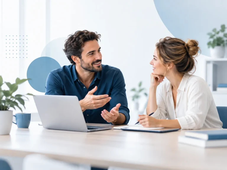 Twee professionals bespreken vragen en oplossingen in een moderne werkomgeving voor de FAQ-pagina van Mediator Site.